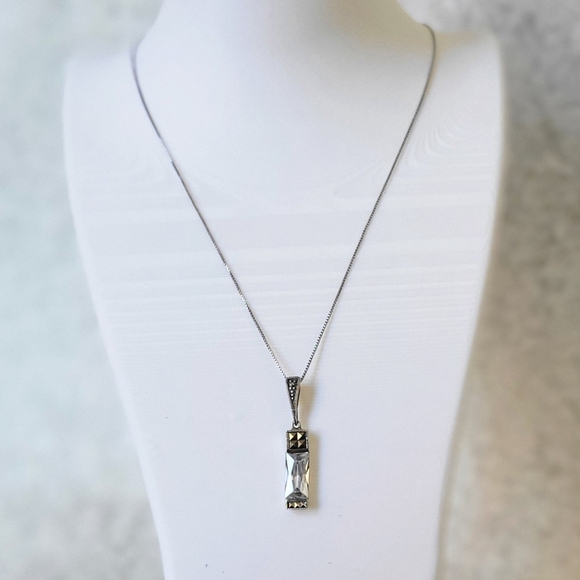 Sterling Silver 925 THAI Emerald Cut Cubic Zirconia Marcasites Necklace 18” - Picture 4 of 11